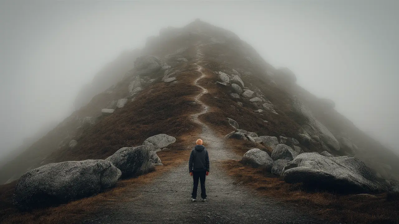 Pessoa de pé na base de uma montanha íngreme com caminho sinuoso subindo, cercada por neblina densa e pedras grandes.