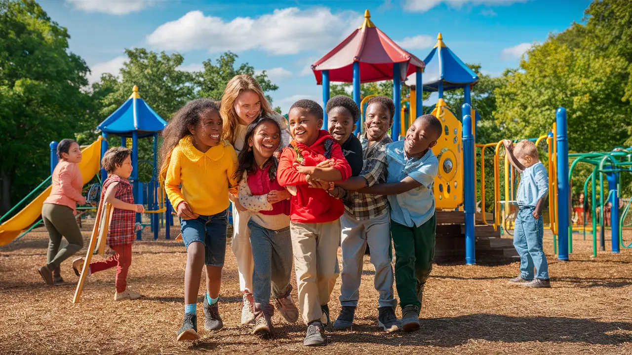 Crianças de diferentes origens brincando em um parque com brinquedos coloridos e árvores verdes sob um céu azul claro.
