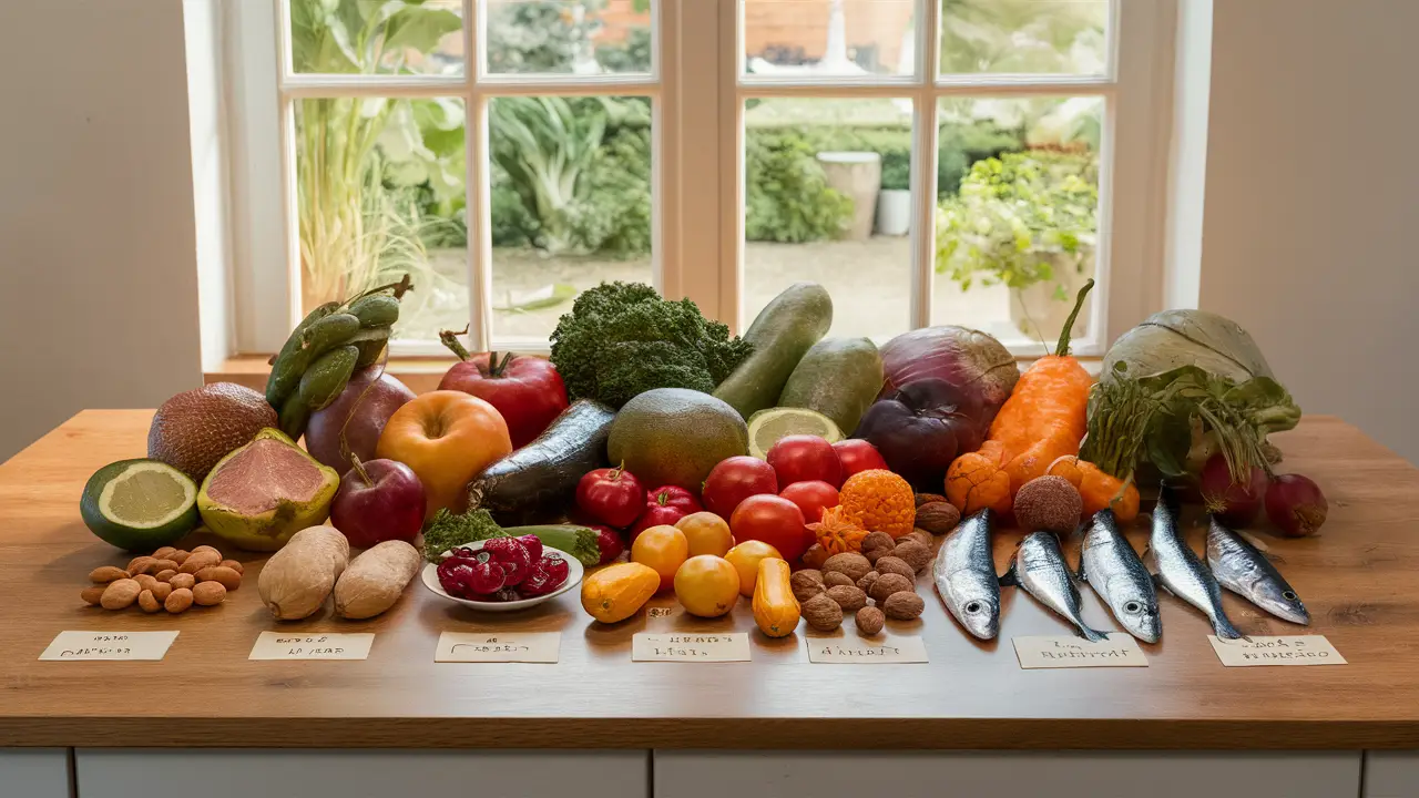 Variedade de frutas, vegetais, nozes e peixe em uma mesa de madeira em uma cozinha iluminada.