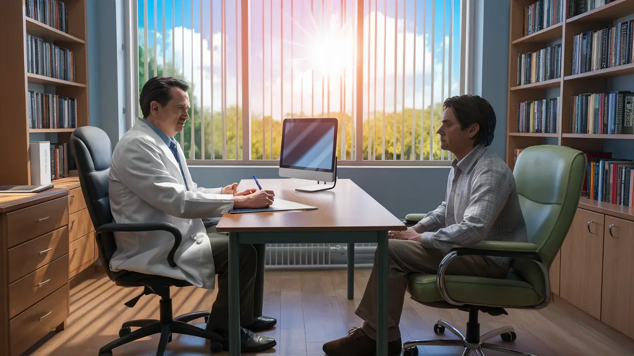 Consultório com psiquiatra em frente ao paciente, mesa com computador e bloco de notas, estantes de livros ao fundo.