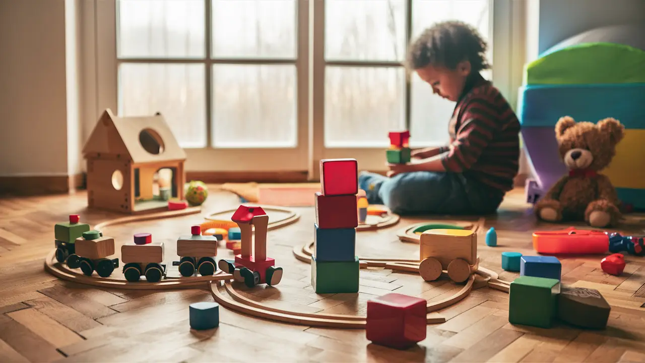 Criança empilhando blocos em uma sala de brinquedos iluminada, com trem de madeira e urso de pelúcia ao redor.