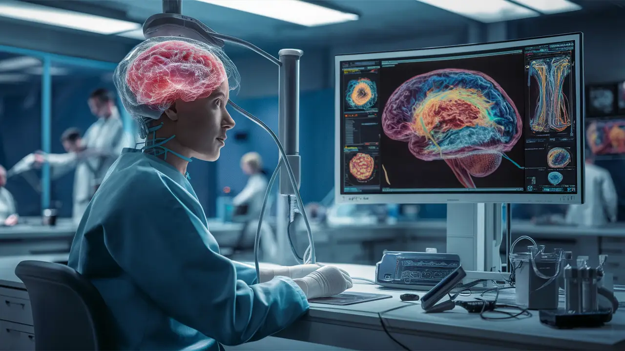 Laboratório médico com dispositivo de interface neural e monitor mostrando atividade cerebral colorida.