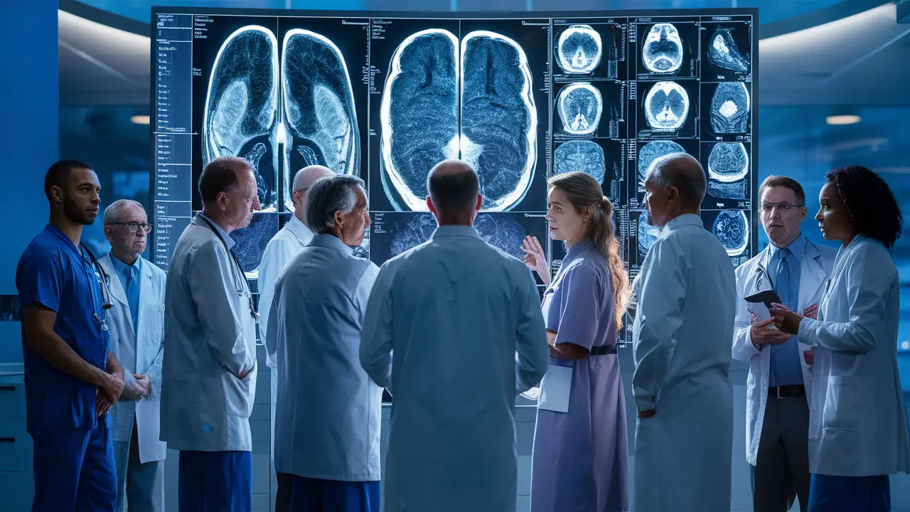 Médicos analisando exames cerebrais em tela iluminada em hospital moderno.