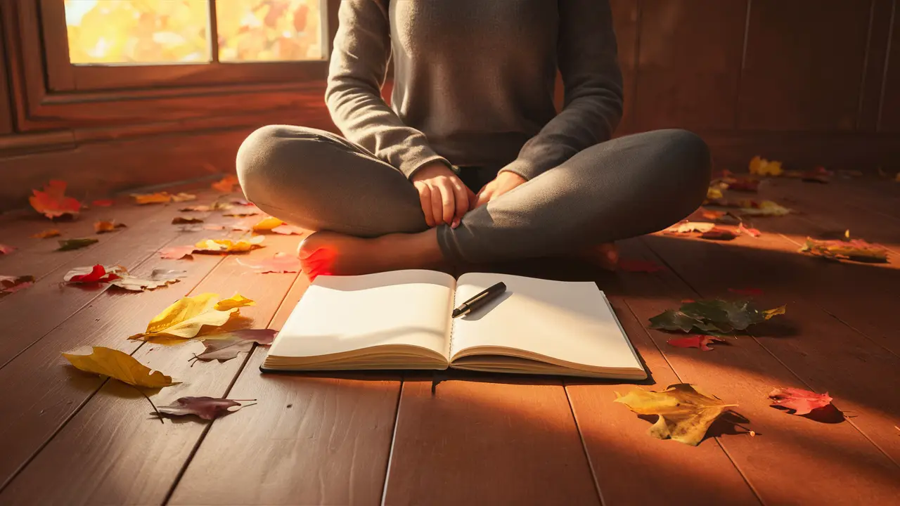 Pessoa sentada no chão com caderno aberto e folhas de outono ao redor, luz solar suave entrando pela janela.