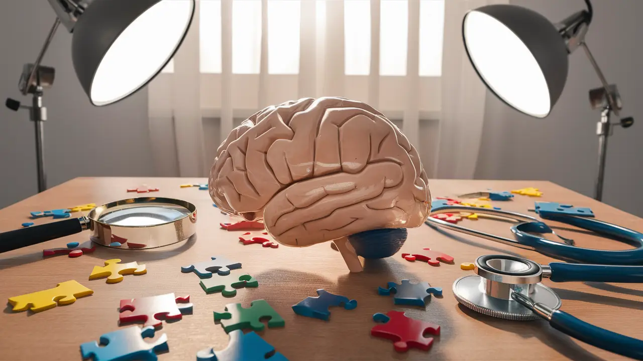 Modelo de cérebro humano em uma mesa com peças de quebra-cabeça, lupa e estetoscópio iluminados.