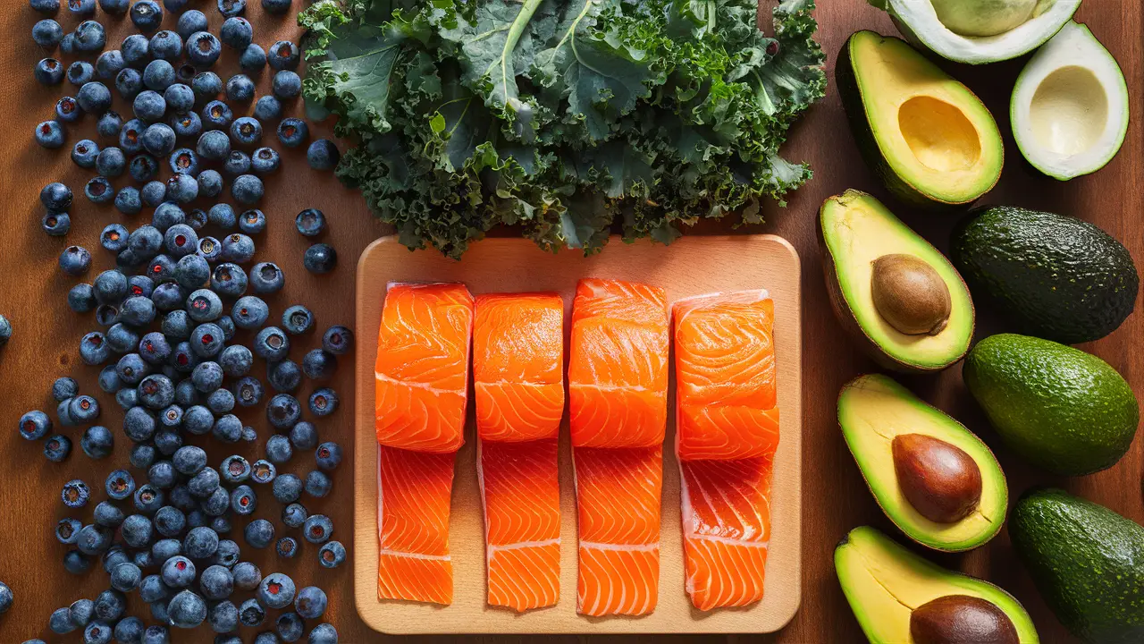 Alimentos frescos como mirtilos, couve, salmão e abacates sobre mesa de madeira.