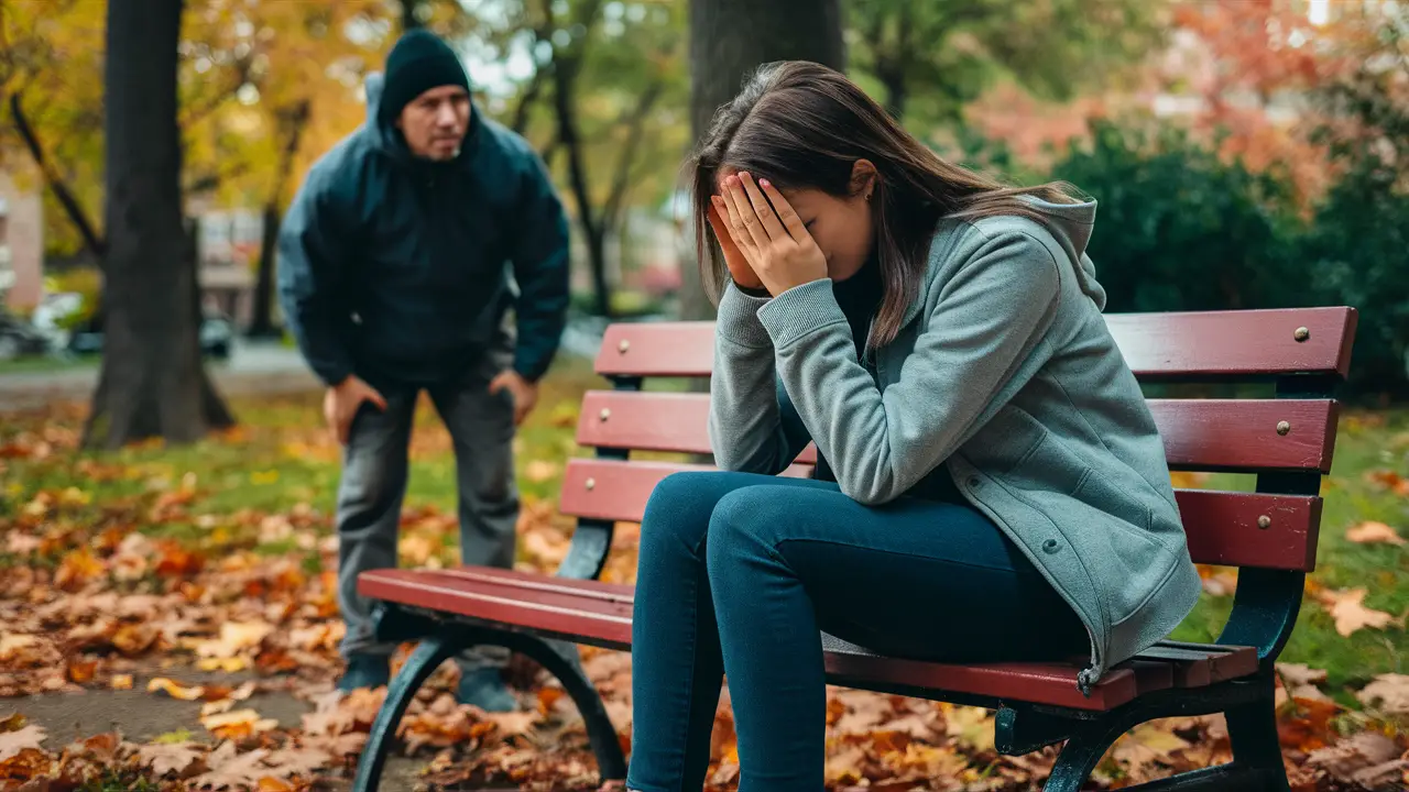 Mulher jovem sentada em um banco de parque segurando a cabeça, folhas de outono ao redor e transeunte ao fundo.