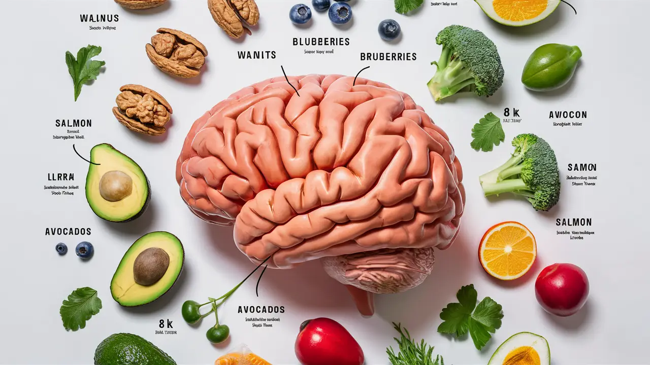 Cérebro humano cercado por alimentos saudáveis como nozes, mirtilos, brócolis, salmão e abacates.