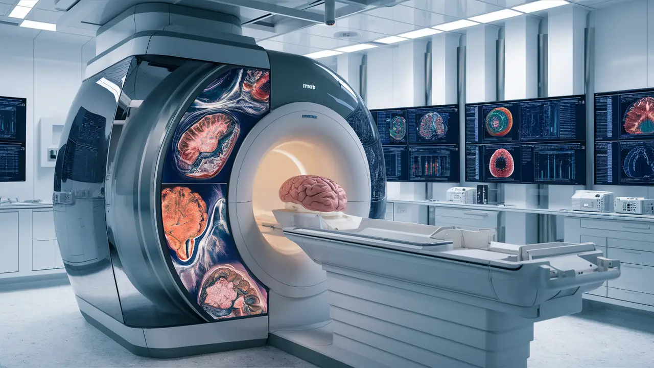 Máquina de ressonância magnética avançada mostrando imagens detalhadas do cérebro em laboratório moderno.