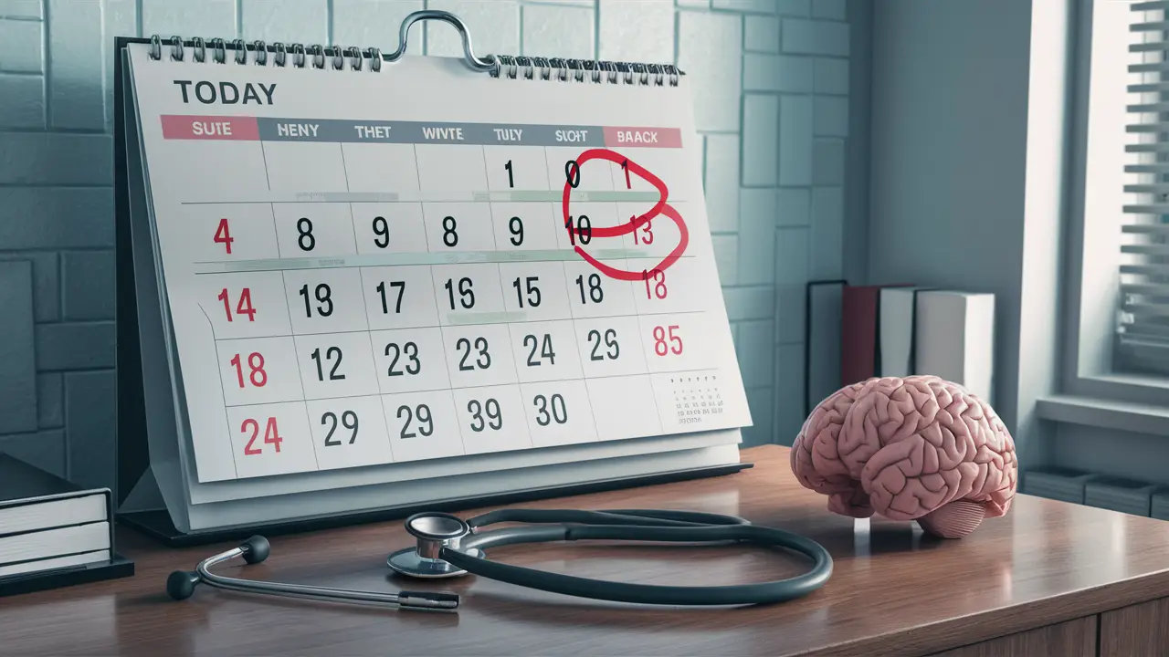 Calendário com data de hoje marcada e modelo de cérebro em uma mesa de consultório médico.
