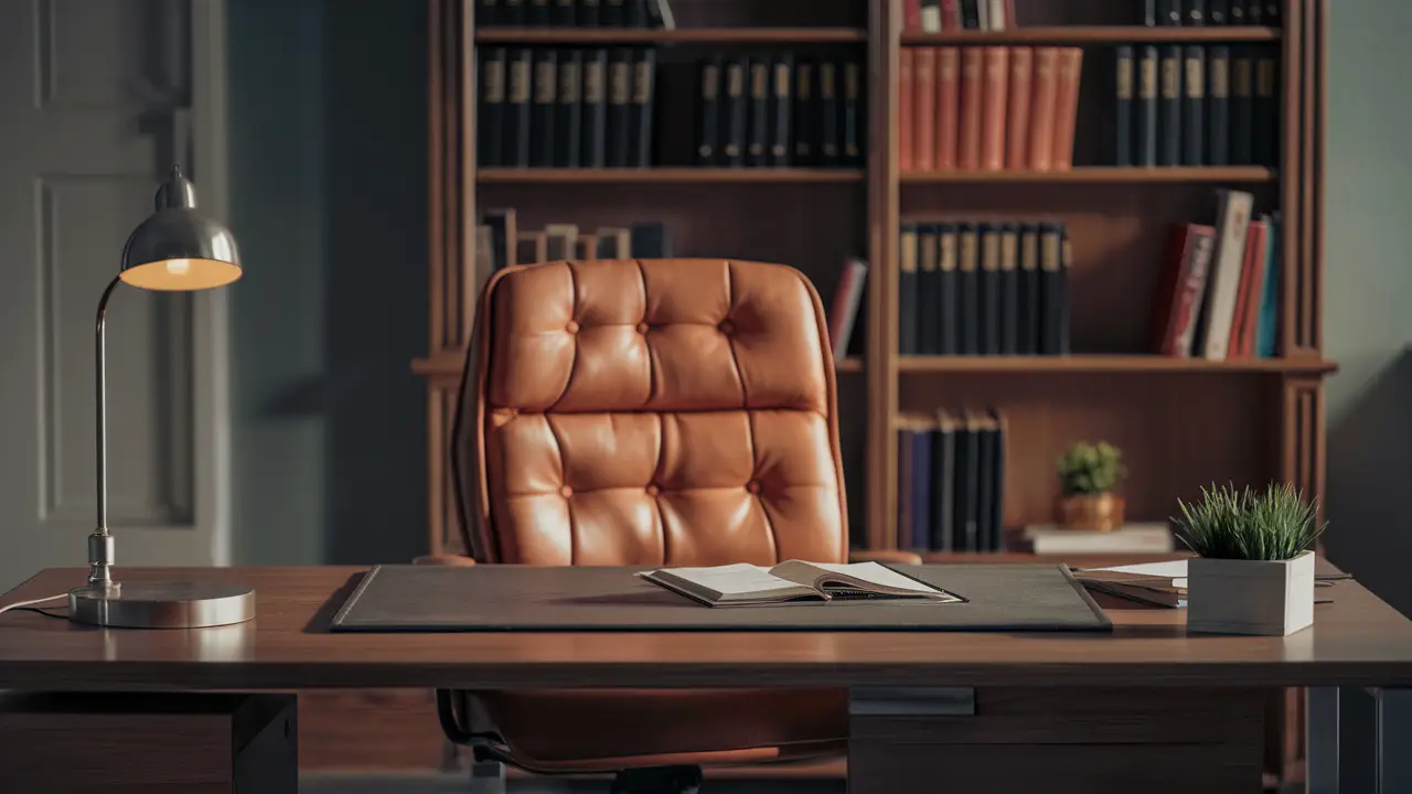 Consultório acolhedor com mesa de madeira, cadeira de couro e estante com livros de psicologia.