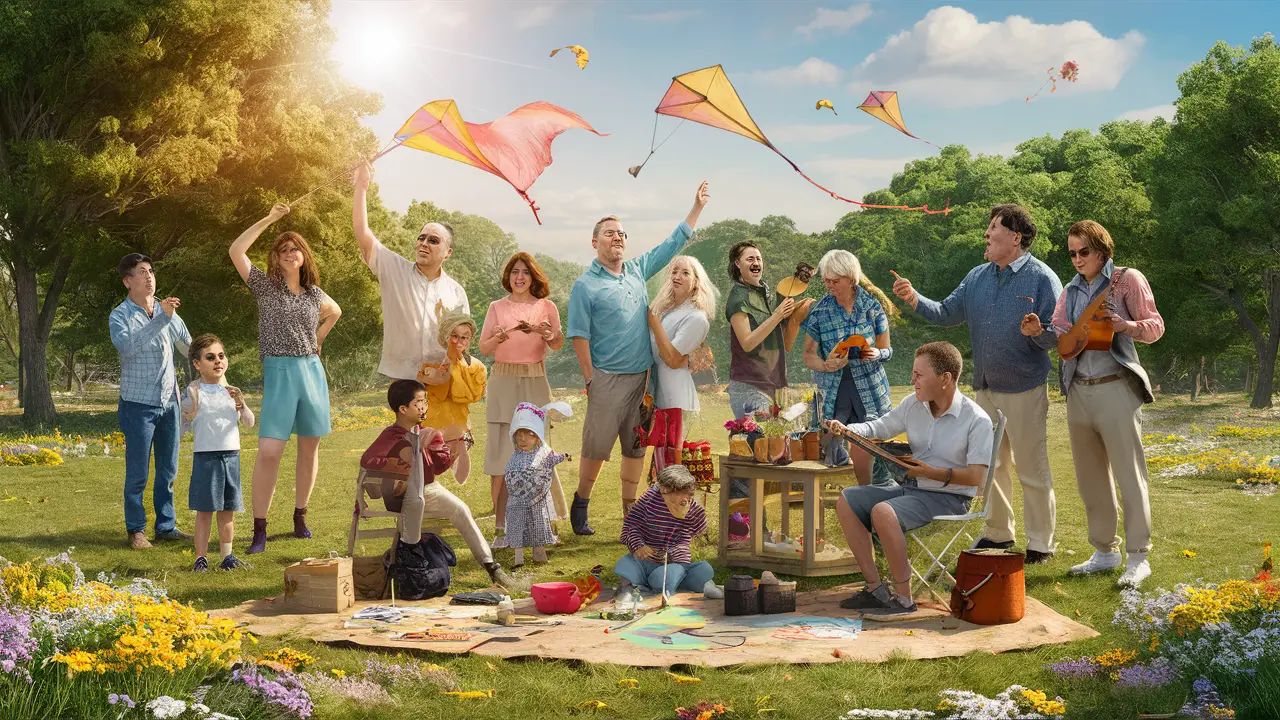 Pessoas de diferentes idades se divertem em um parque ensolarado com pipas, instrumentos musicais e flores coloridas.