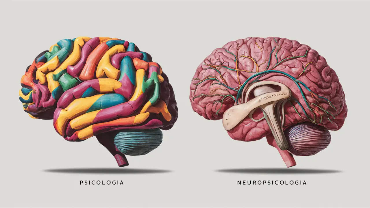 Ilustrações comparativas de cérebros para psicologia e neuropsicologia, destacando padrões abstratos e conexões neurais.