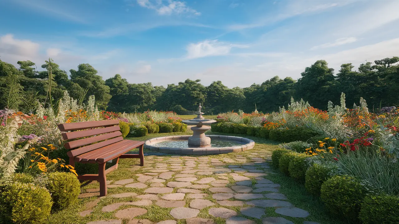 Jardim tranquilo com banco de madeira, flores coloridas e pequena fonte no centro sob céu azul.