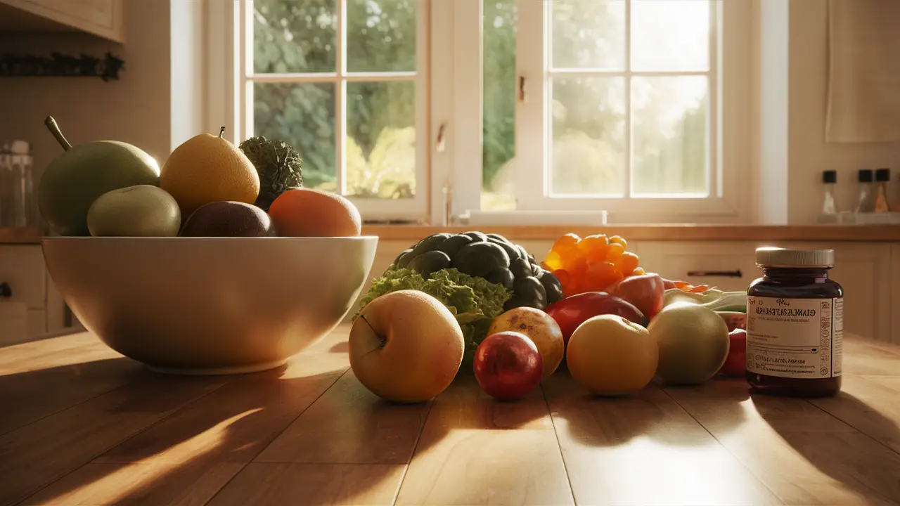Tigela de frutas, vegetais coloridos e frasco de suplementos em uma mesa sob luz suave da manhã.