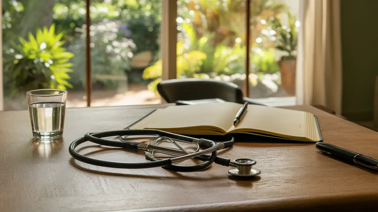 Consultório psiquiátrico com mesa de carvalho, estetoscópio, copo d'água e caderno aberto perto de janela com vista para jardim.