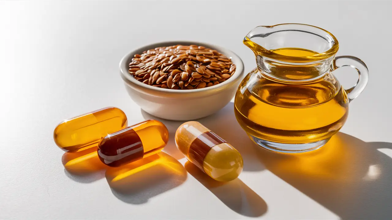 Cápsulas de óleo de peixe e sementes de linhaça ao lado de um jarro de óleo ômega-3 em uma superfície branca.
