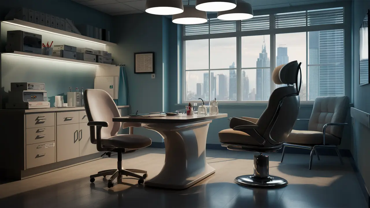 Sala de consulta psiquiátrica moderna com cadeira futurista, equipamentos médicos avançados e janela com vista da cidade.