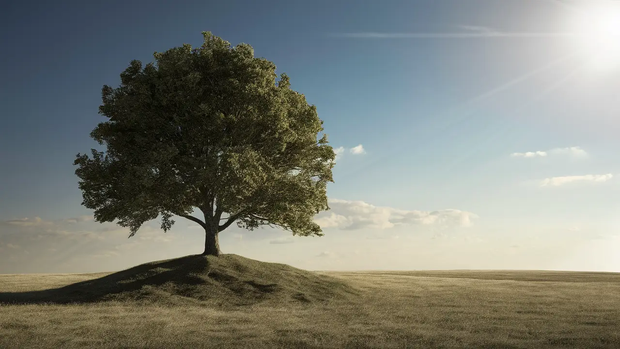 Árvore solitária em colina pequena cercada por campo aberto sob céu azul claro com sombras longas ao sol.