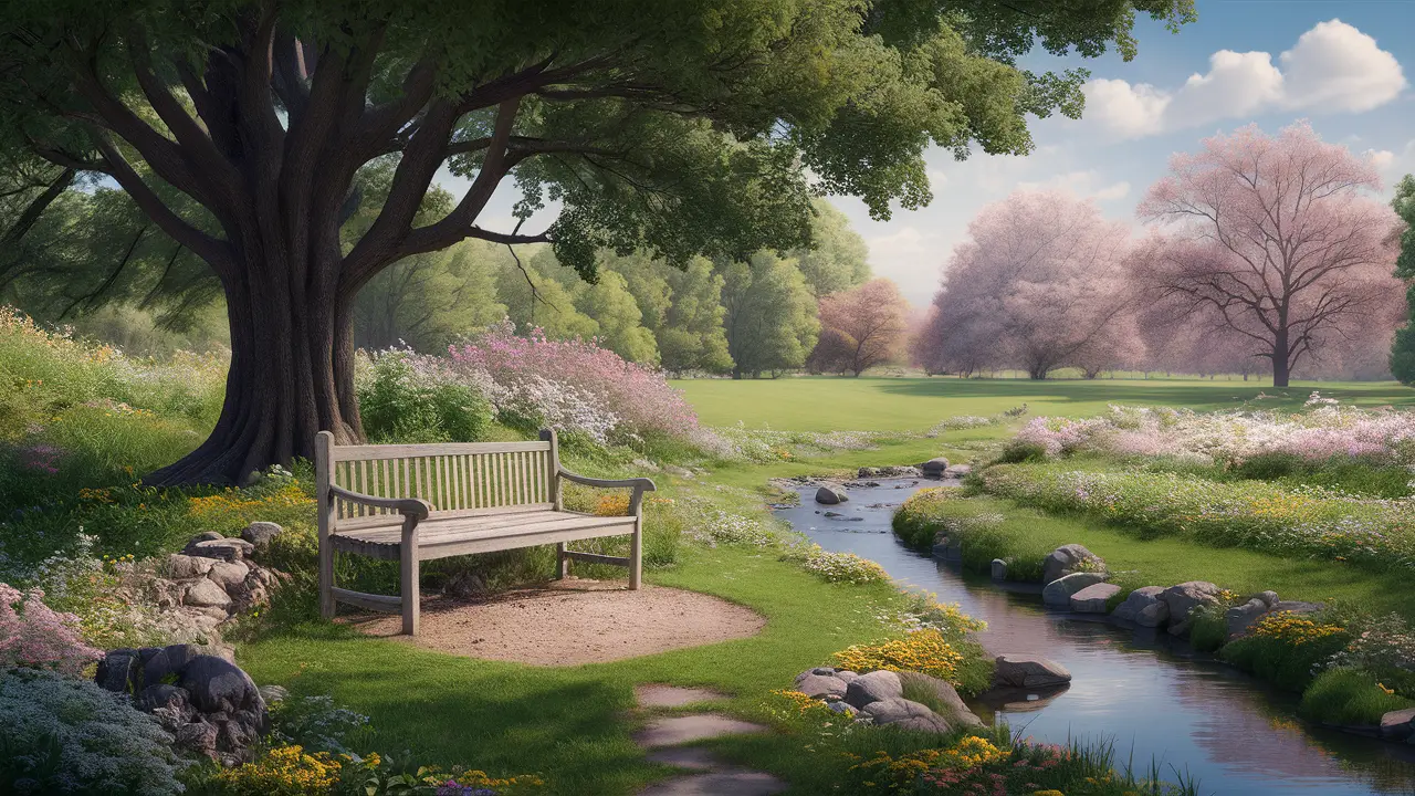 Jardim sereno com banco de madeira sob carvalho, flores coloridas ao redor e riacho tranquilo ao lado.