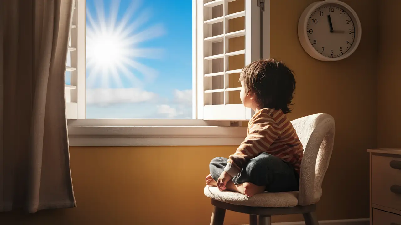 Criança sentada em cadeira pequena observando o céu azul através da janela, com relógio na parede marcando 15:00.