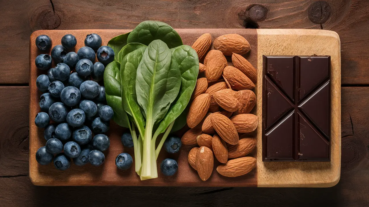 Alimentos antioxidantes como mirtilos, espinafre, amêndoas e chocolate amargo sobre uma mesa de madeira.