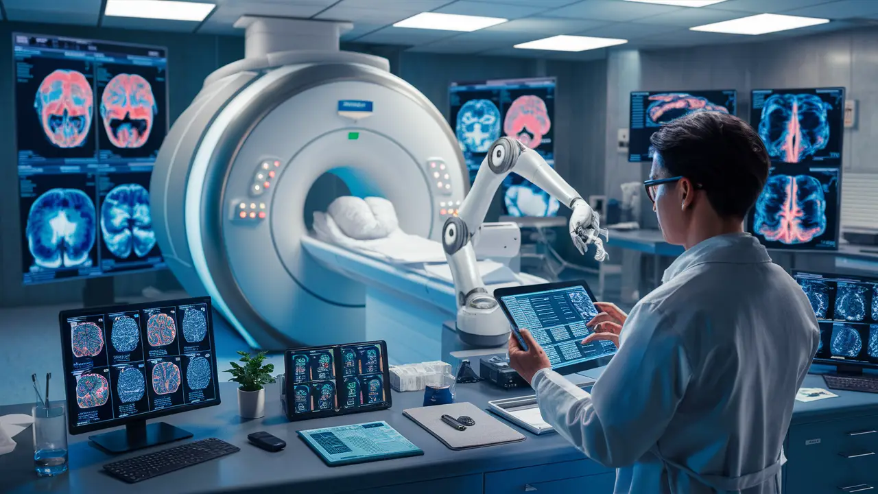 Médico analisando dados em um tablet em laboratório de diagnóstico com máquina de ressonância e telas digitais.