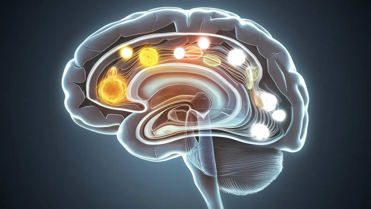 Seção transversal de um cérebro humano com vitaminas e minerais coloridos, como C, D, cálcio e ferro, em fundo azul escuro.