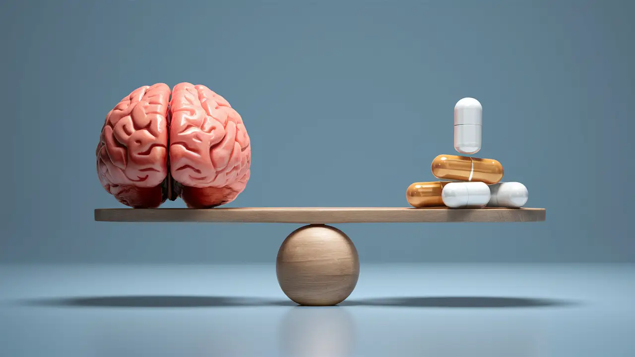 Balança equilibrada com um cérebro humano de um lado e cápsulas de comprimidos do outro sobre fundo azul neutro.