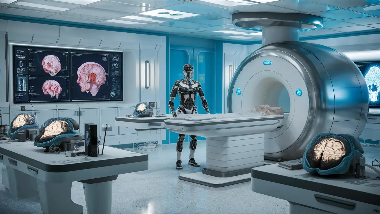 Laboratório médico futurista com robô humanoide e tela digital de exames cerebrais.