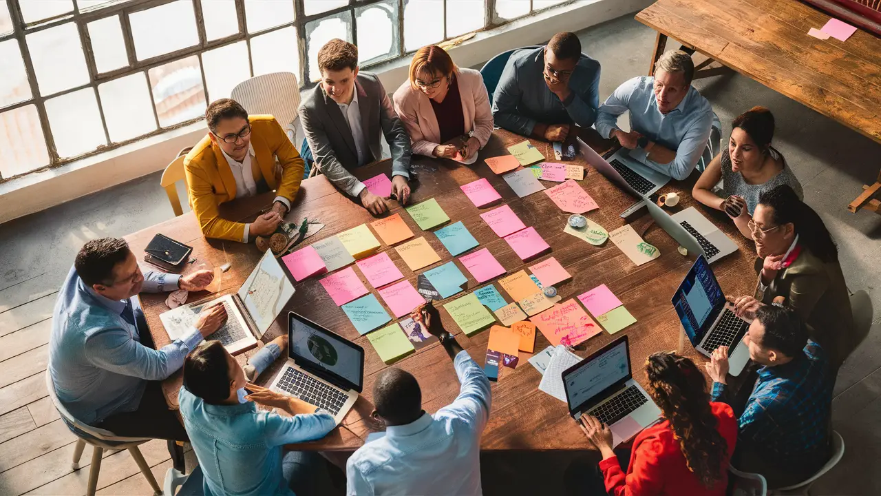 Grupo diverso de profissionais colaborando em torno de uma mesa de madeira com laptops e notas coloridas.