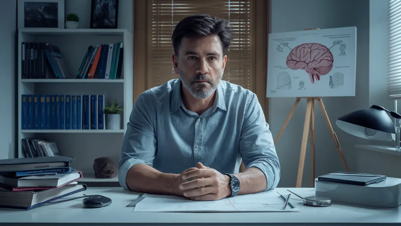 Adulto em consultório médico com livros de neuropsicologia e quadro branco com diagramas do cérebro.