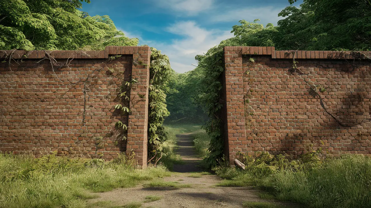 Parede de tijolos com rachaduras cercada por ervas daninhas e cipós em um caminho de floresta verdejante.