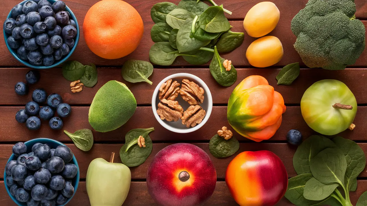 Frutas e vegetais variados sobre mesa de madeira, incluindo mirtilos, nozes, brócolis e espinafre.