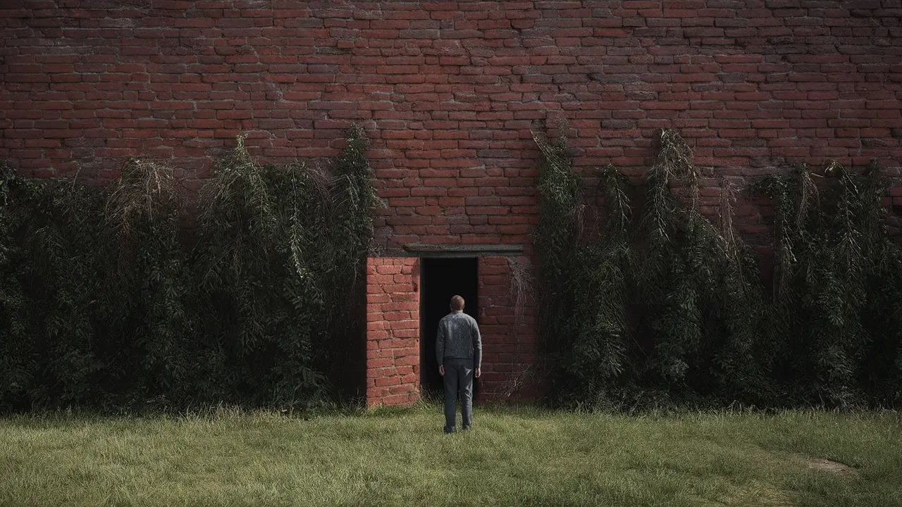 Pessoa em pé diante de uma grande parede de tijolos com porta pequena parcialmente aberta e coberta por videiras densas.