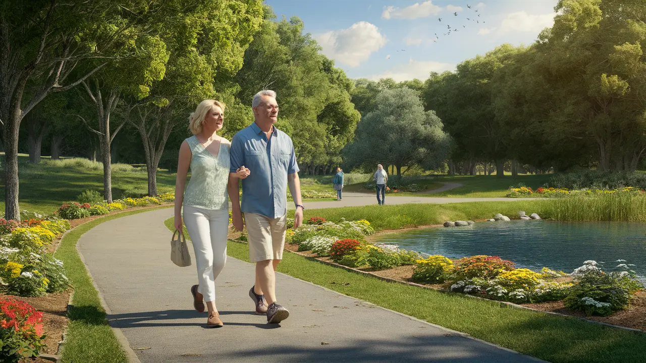 Casal de meia-idade caminhando em um parque cercado por árvores verdes e canteiros de flores coloridas.