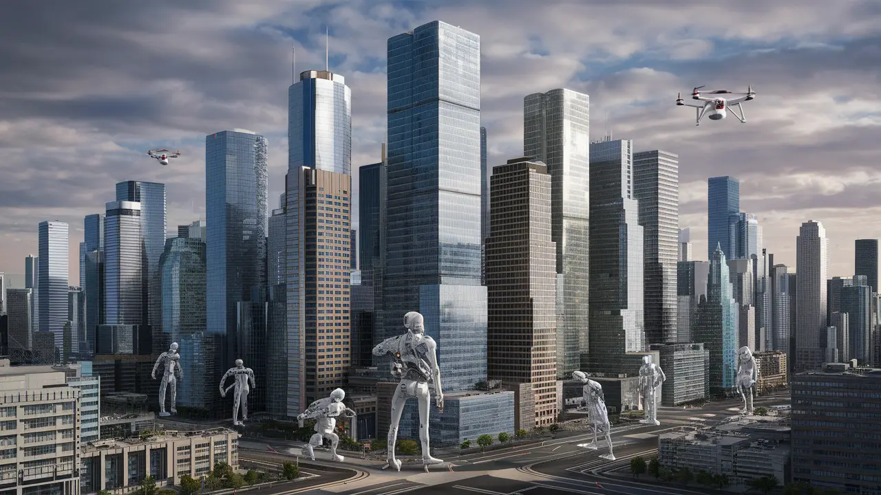 Cidade futurista com arranha-céus de vidro e metal, céu nublado, drones e figuras robóticas nas ruas.