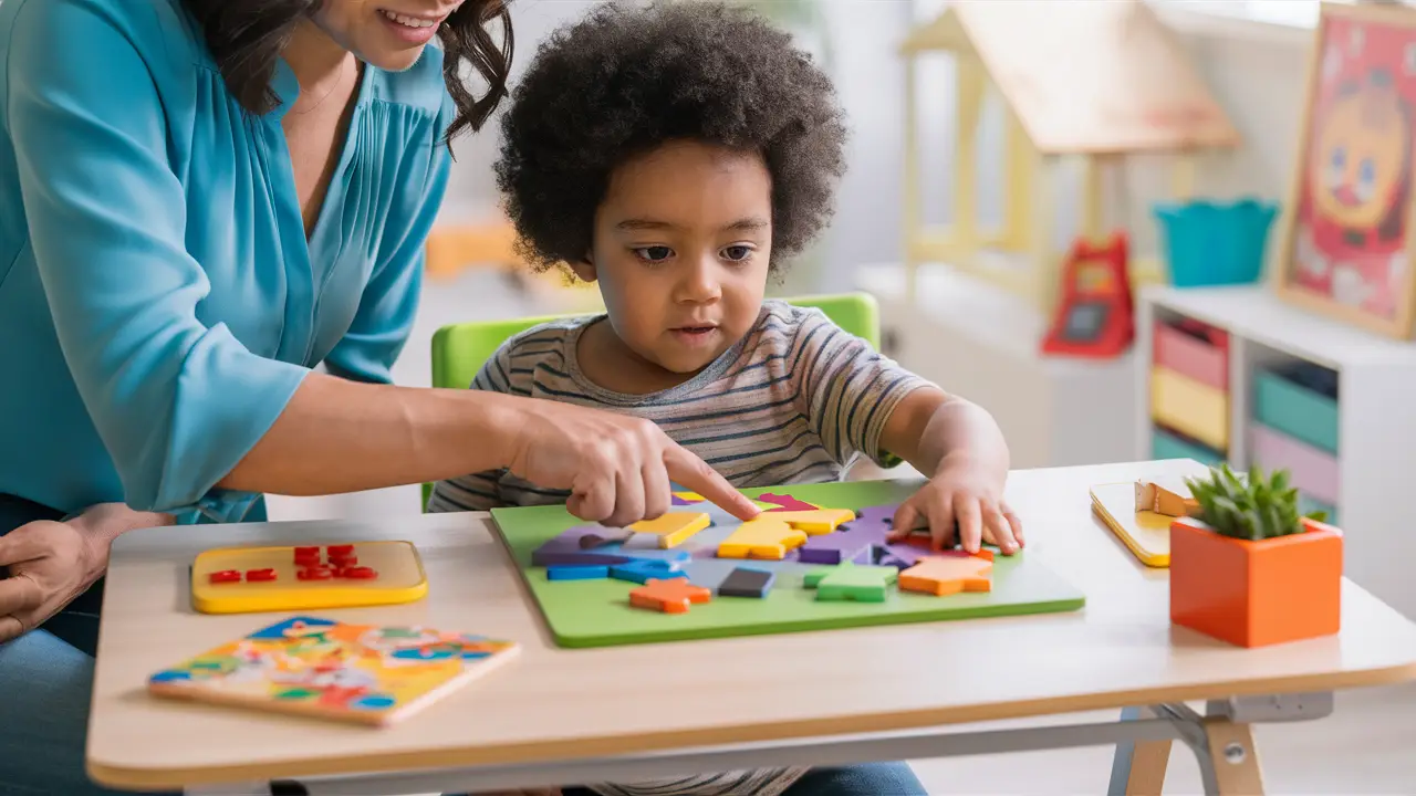 Criança concentrada em um quebra-cabeça colorido com formas geométricas em um ambiente educativo, com um adulto auxiliando.