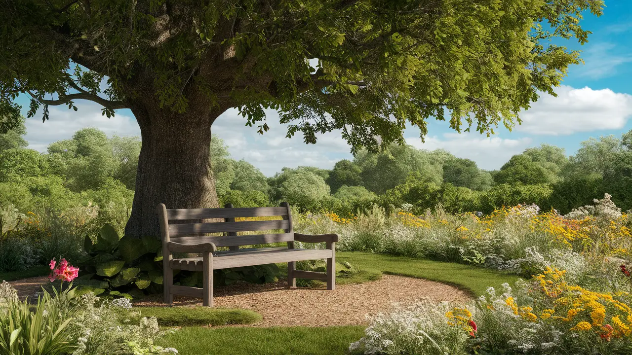 Banco de madeira em um jardim cercado por flores coloridas sob um céu azul brilhante.