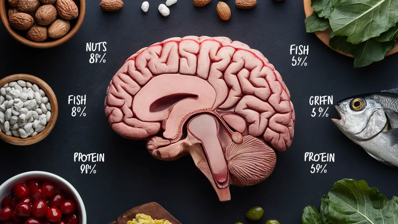Seção transversal de um cérebro humano cercado por alimentos como nozes, peixes e verduras com porcentagens de proteína.
