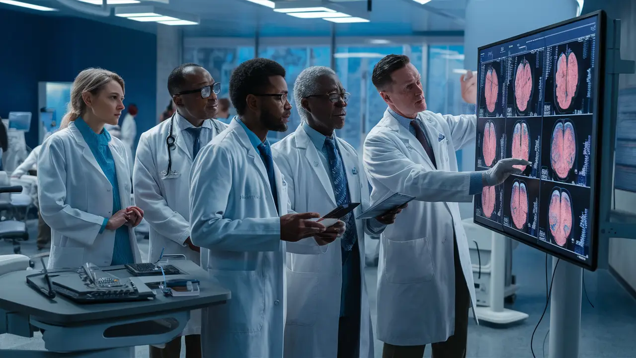 Médicos analisando imagens de escaneamento cerebral em uma tela interativa em sala de hospital moderna.