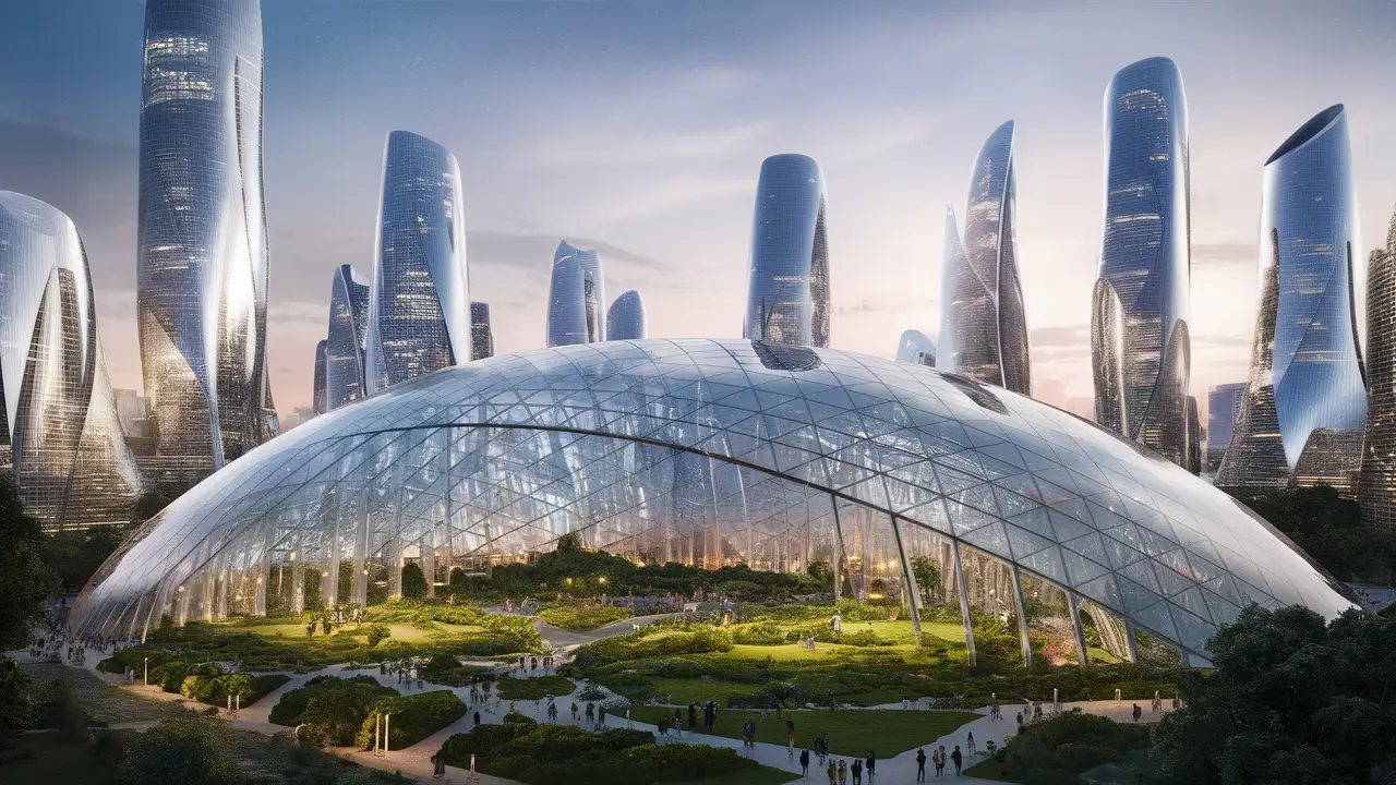 Uma cidade futurista ao anoitecer com uma cúpula de vidro transparente cobrindo um parque verde e arranha-céus iluminados ao redor.