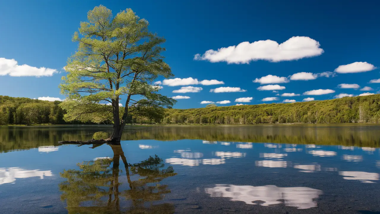 Paisagem serena com lago refletindo uma árvore solitária sob céu azul com nuvens brancas dispersas.