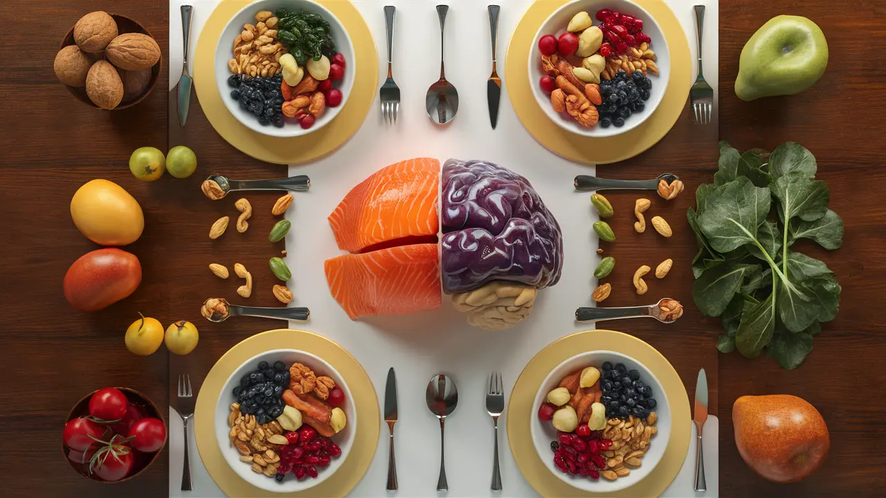 Mesa com frutas coloridas, nozes, verduras e salmão dispostos simetricamente.