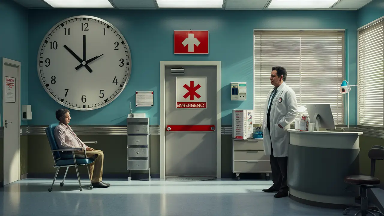 Médico em clínica com relógio marcando 3:00 e sinal de emergência vermelho acima da porta.