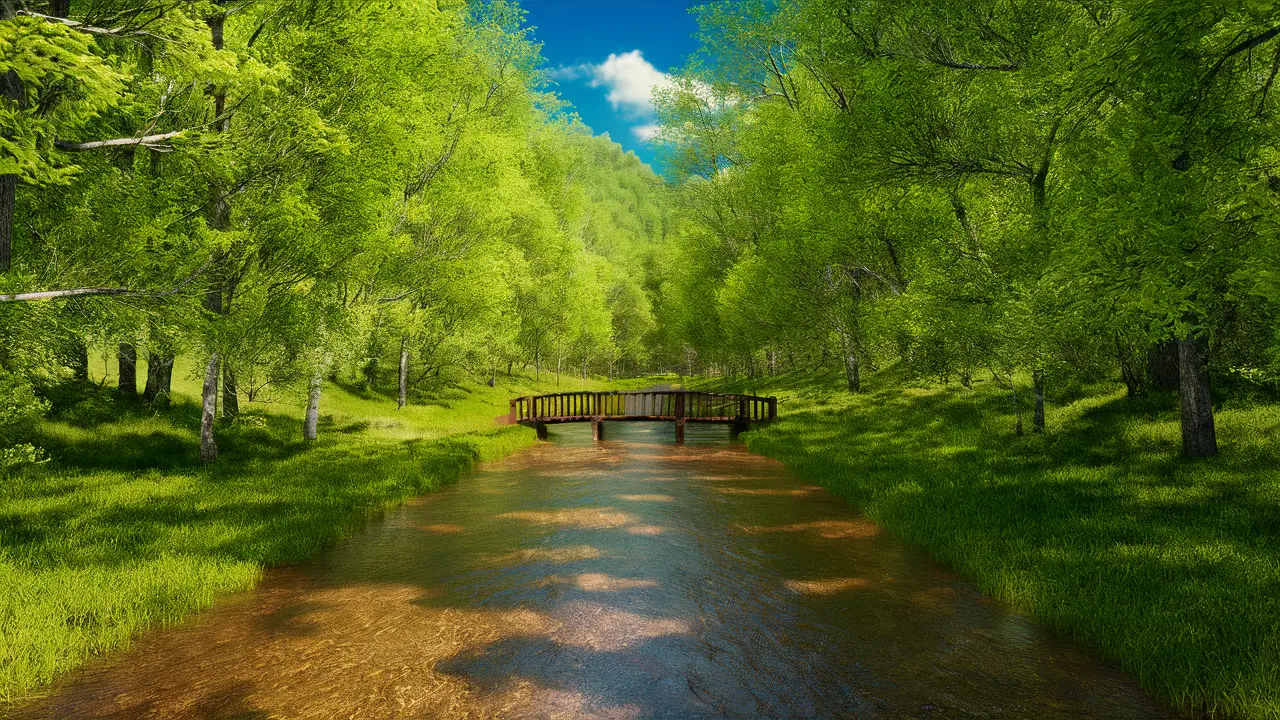 Floresta tranquila com riacho e ponte de madeira sob céu azul brilhante.