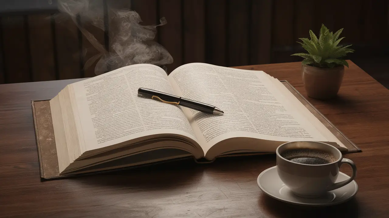 Livro aberto sobre mesa de madeira com caneta, planta em vaso pequeno e xícara de café fumegante ao lado.