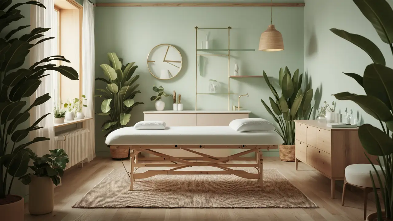 Sala de clínica de bem-estar com mesa de massagem, plantas verdes, paredes em tons pastel e móveis de madeira.