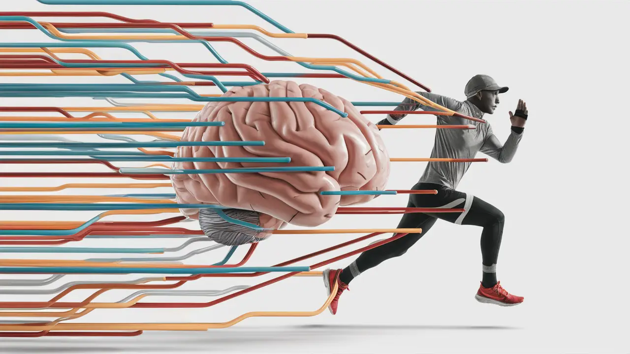 Cérebro humano conectado a linhas dinâmicas e coloridas com uma pessoa correndo em roupas de treino.