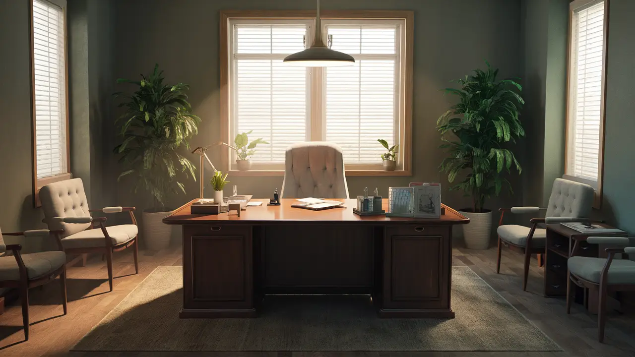 Consultório de psiquiatria arrumado com mesa de madeira, cadeiras confortáveis, iluminação suave e plantas verdes.